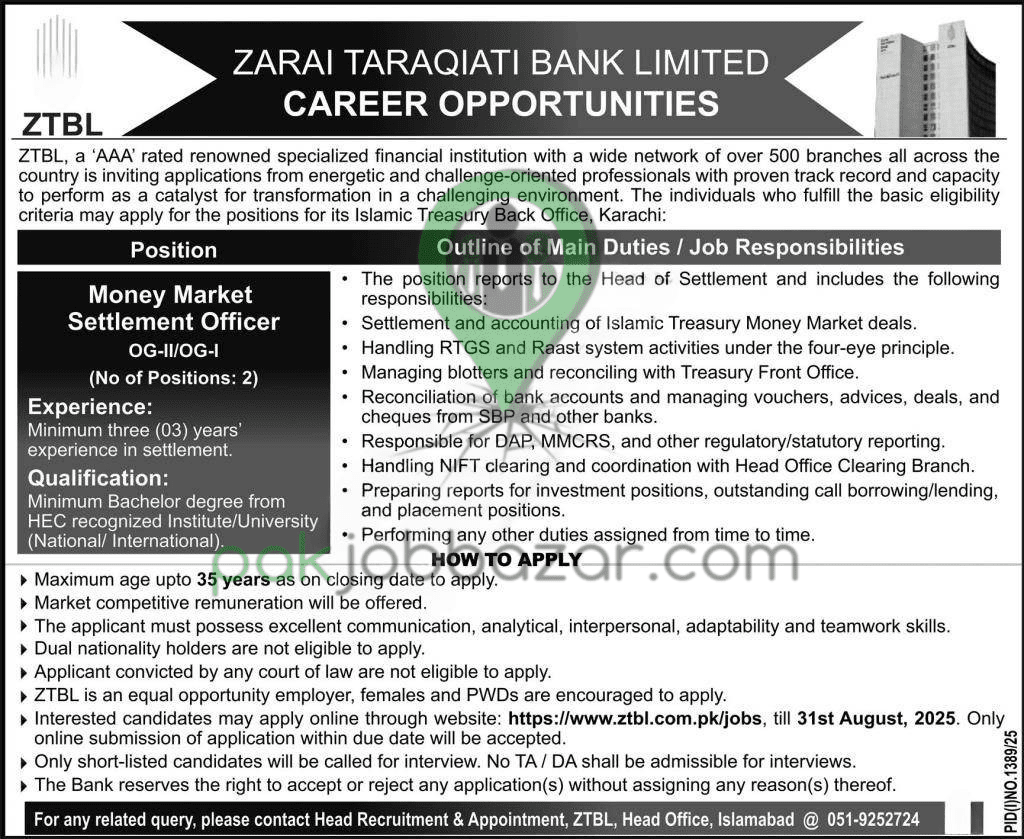 ZTBL Money Market Settlement Officer Jobs 2025 – Apply Online Karachi
