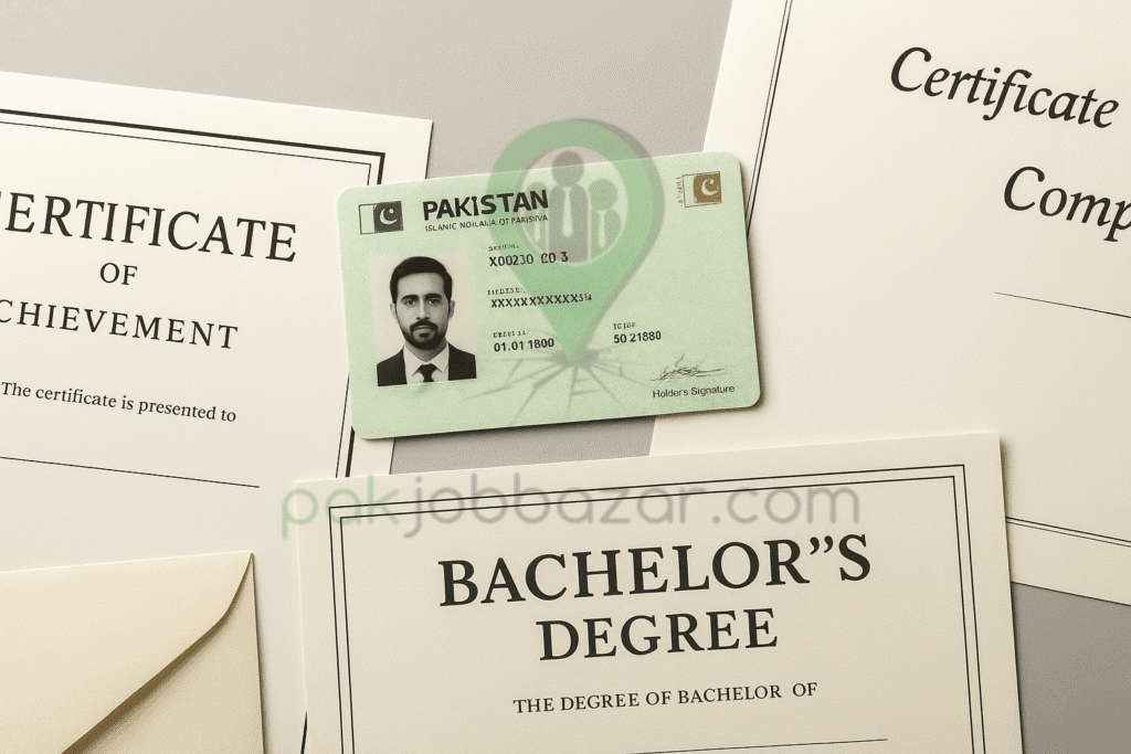 photo of CNIC, degrees, and certificates neatly arranged.