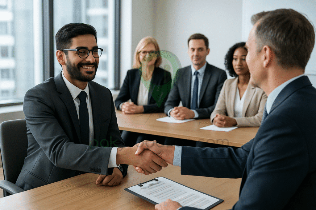 candidate shaking hands in an interview panel room