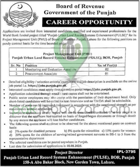 Board of Revenue Punjab PULSE Project Jobs 2025 Advertisement
