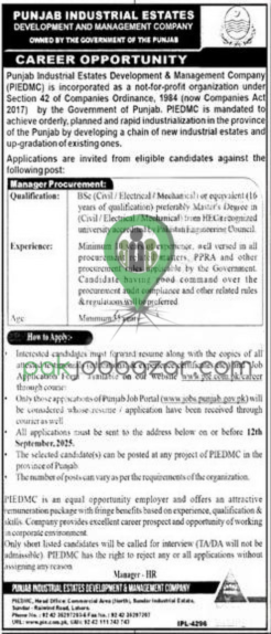 Punjab Industrial Estates Development & Management Company – PIEDMC Manager Procurement Jobs 2025