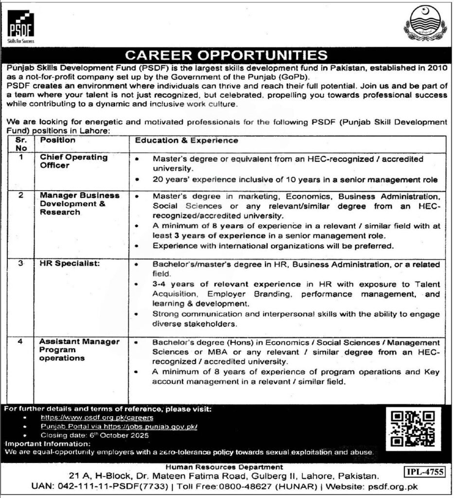 Punjab Skills Development Fund PSDF Jobs 2025 – Apply Online