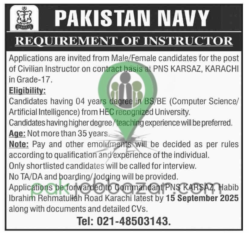 PNS Karsaz Karachi Pakistan Navy Civilian Instructor Jobs 2025