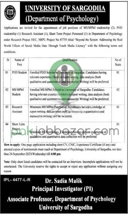 University of Sargodha Department of Psychology Research Assistant Jobs 2025