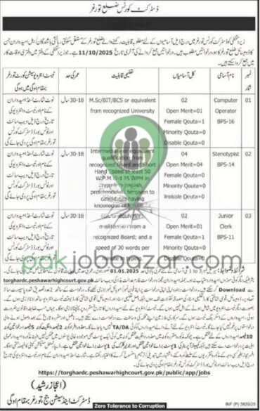 Computer Operator Jobs 2025 District Courts Torghard Peshawar