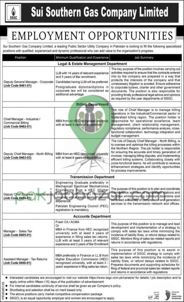 SSGC Careers 2025 Official Advertisement