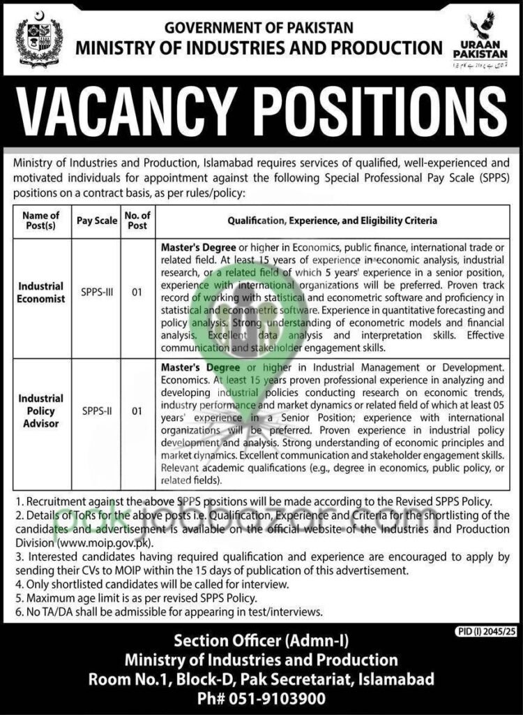 Ministry of Industries and Production Islamabad — MOIP SPPS Jobs 2025