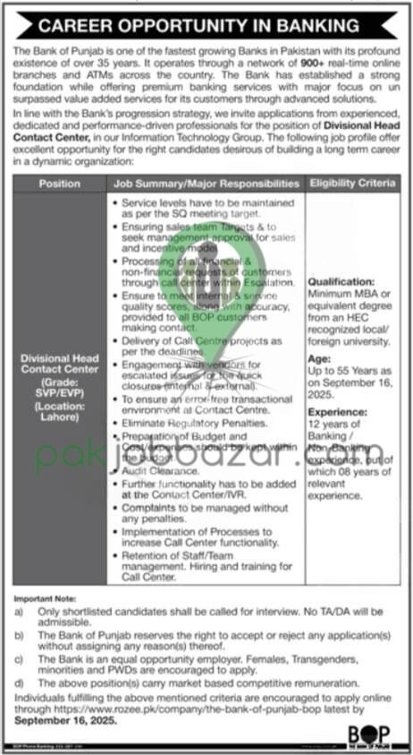 Bank of Punjab Jobs 2025 Apply Online