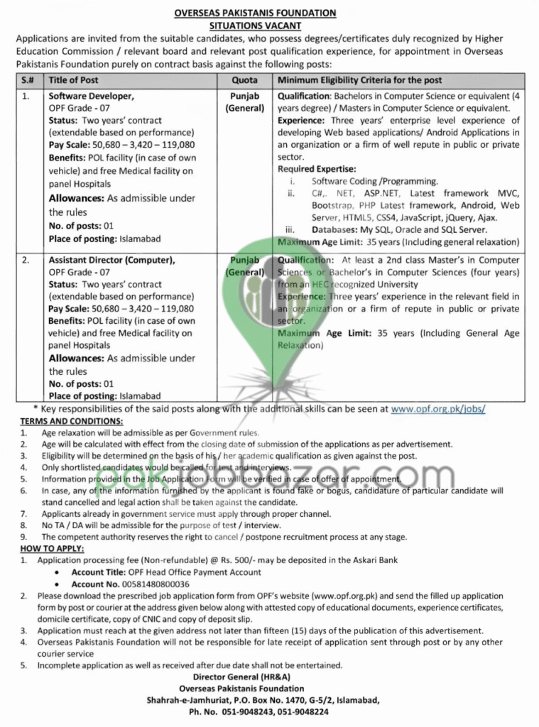 OPF Head Office Islamabad – Overseas Pakistanis Foundation Jobs 2025
