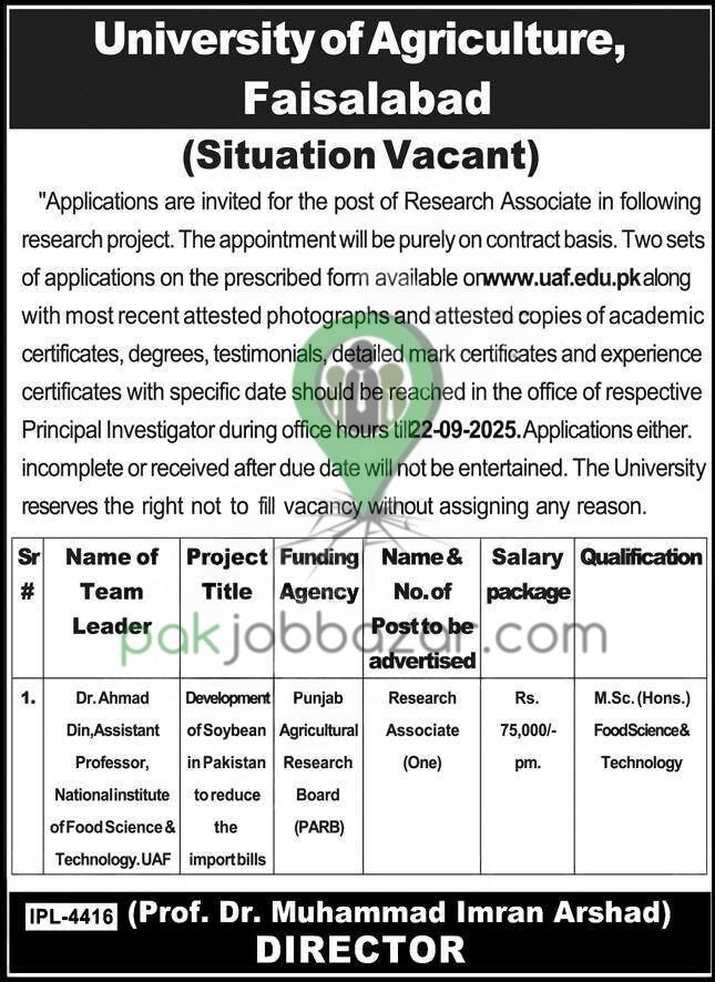 University of Agriculture Faisalabad Jobs 2025 Advertisement