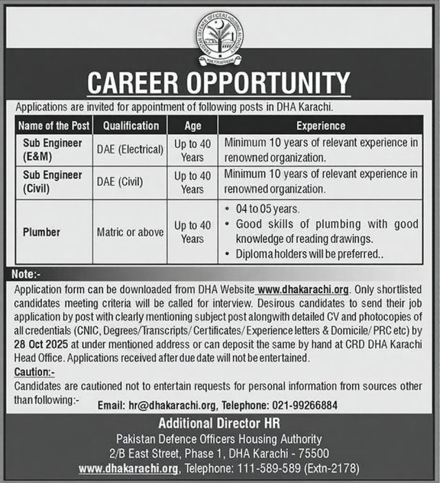 Defence Housing Authority DHA Karachi Jobs 2025 Advertisement