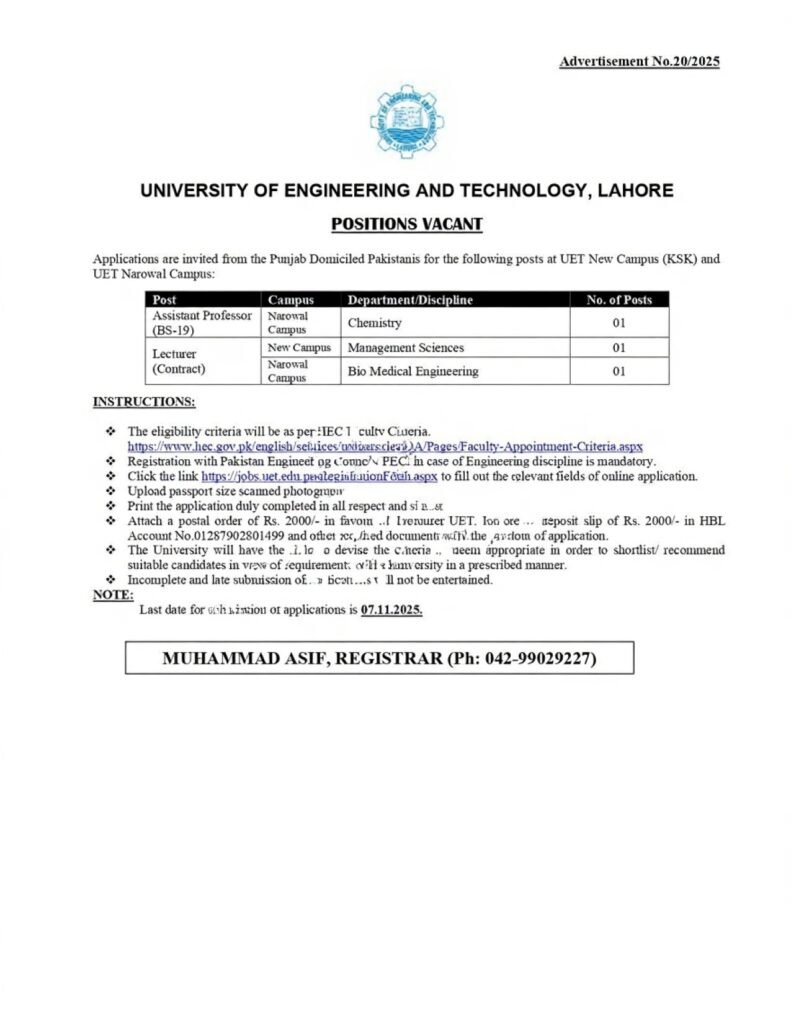 UET Lahore Jobs 2025 – Apply Online for Assistant Professor and Lecturer Positions
