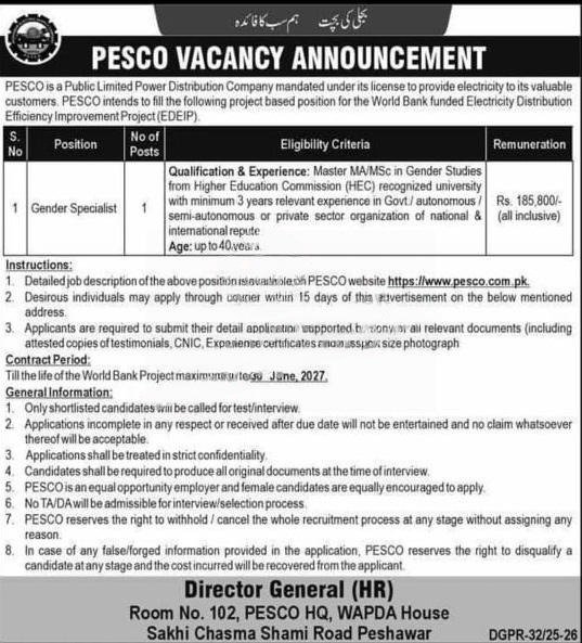 PESCO Gender Specialist Recruitment 2025 – Apply for EDEIP Project