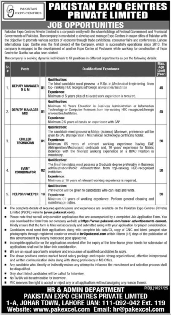 Pakistan Expo Centres Private Limited Jobs 2025 Advertisement – Apply Online