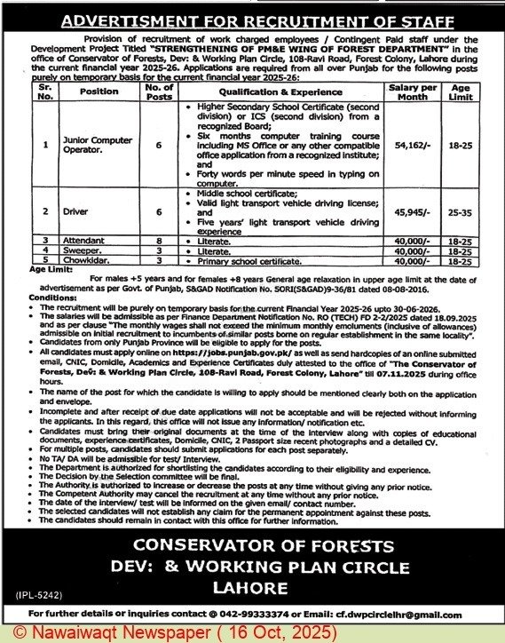 Forest Department Punjab Jobs 2025 – Apply Online