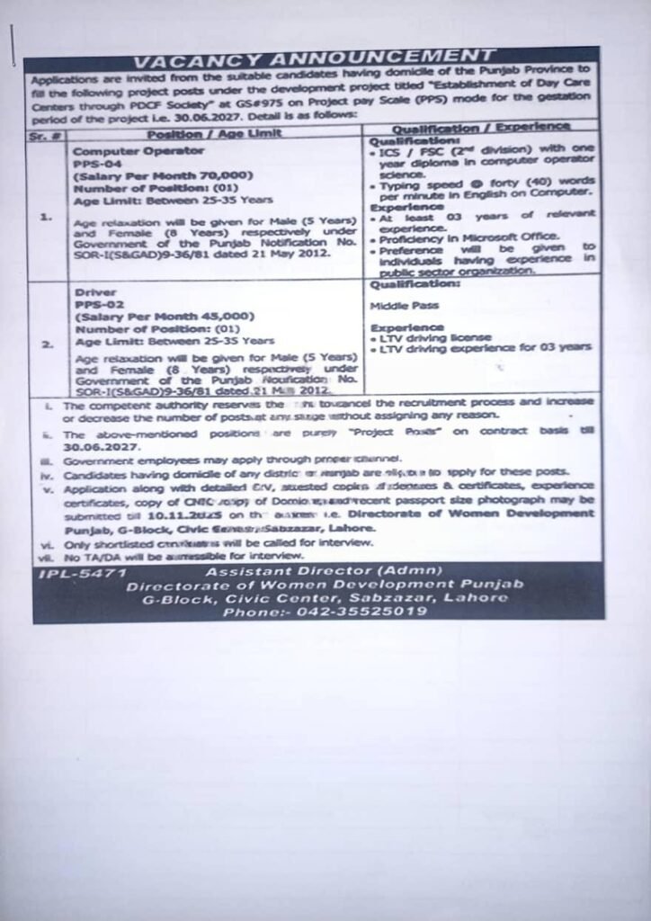 Directorate of Women Development Punjab Office – Jobs 2025