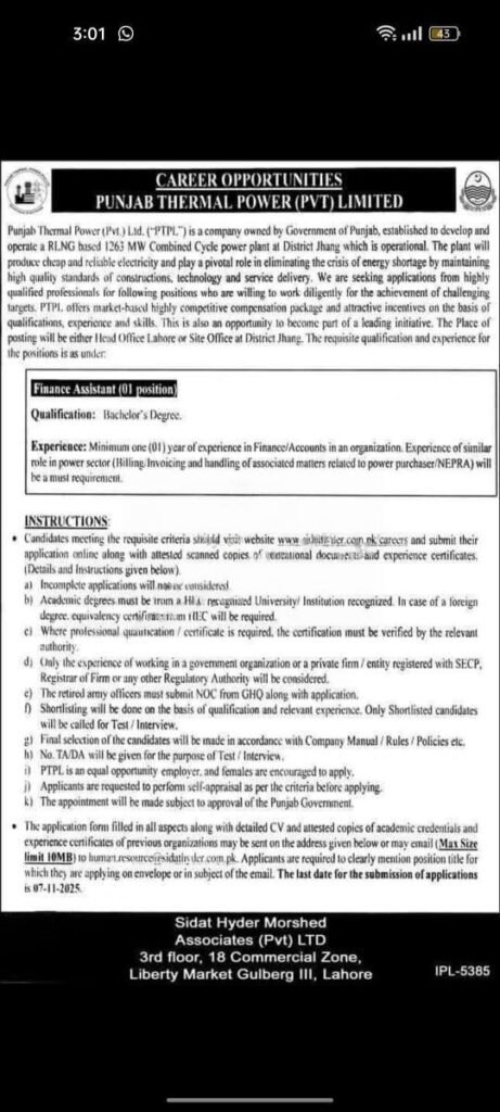 Punjab Thermal Power Plant Jhang – PTPL Jobs 2025