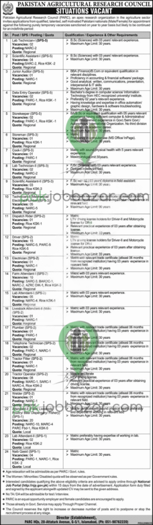 PARC Jobs 2025 – Pakistan Agricultural Research Council Vacancies