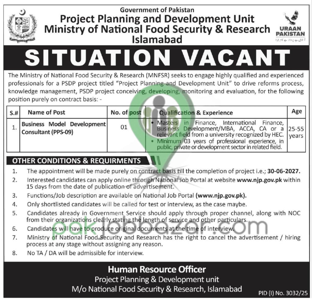 Ministry of National Food Security & Research MNFSR Islamabad Jobs 2025 – Apply Online via NJP