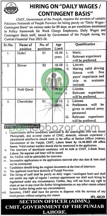 CMIT Punjab Jobs 2025 Daily Wages Advertisement