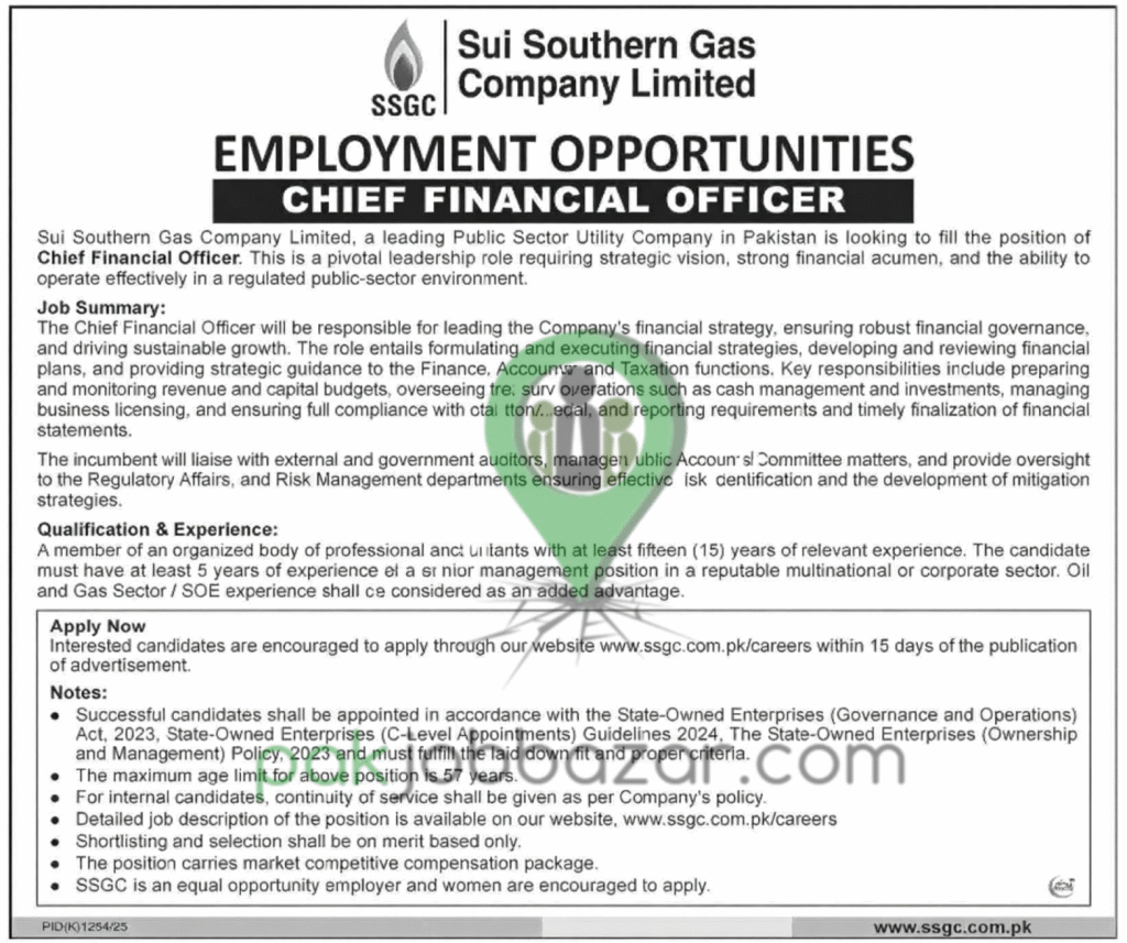 SSGC Chief Financial Officer Jobs 2025 – Apply Online