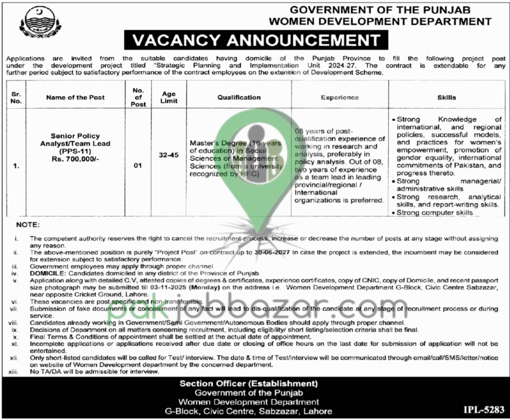 Women Development Department Punjab Jobs 2025 Advertisement – Senior Policy Analyst / Team Lead