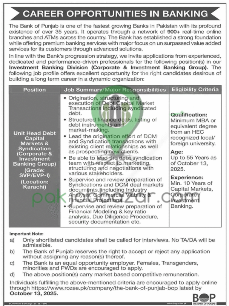 Bank of Punjab Jobs 2025 – Apply Online at Rozee.pk