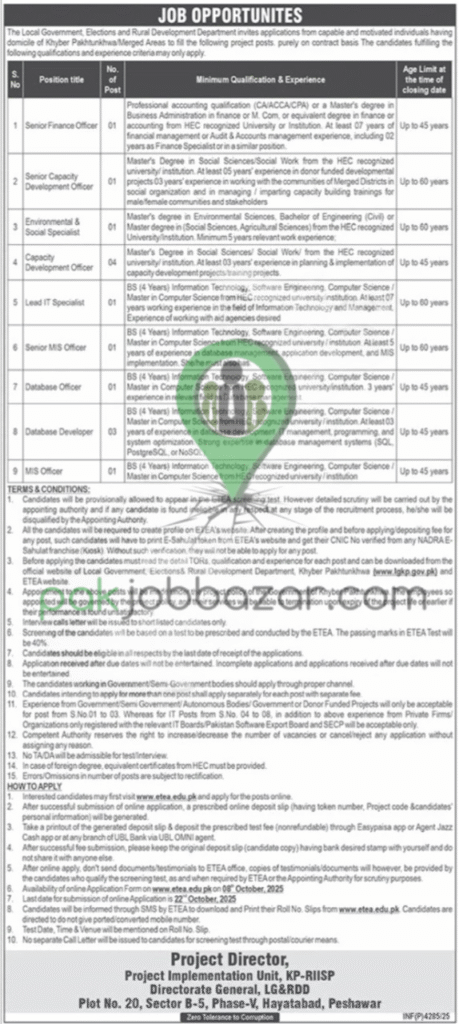 KP-RIISP Jobs 2025 – Local Government, Elections & Rural Development Department KPK