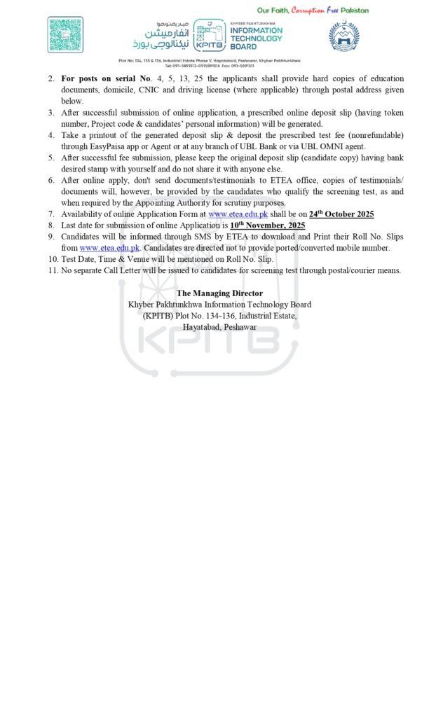 KPITB recruitment advertisement for IT and management positions 2025