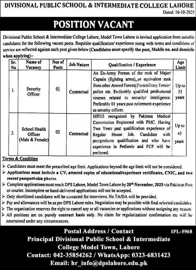 Divisional Public School & Intermediate College Lahore Jobs 2025 – Apply Online