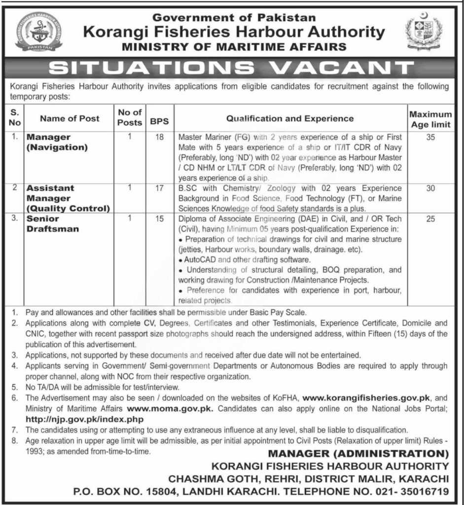 Korangi Fisheries Harbour Authority Karachi Building – KoFHA Jobs 2025 Advertisement