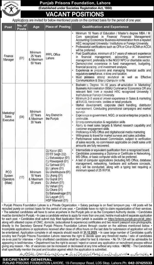 Punjab Prisons Foundation Lahore Jobs 2025 advertisement