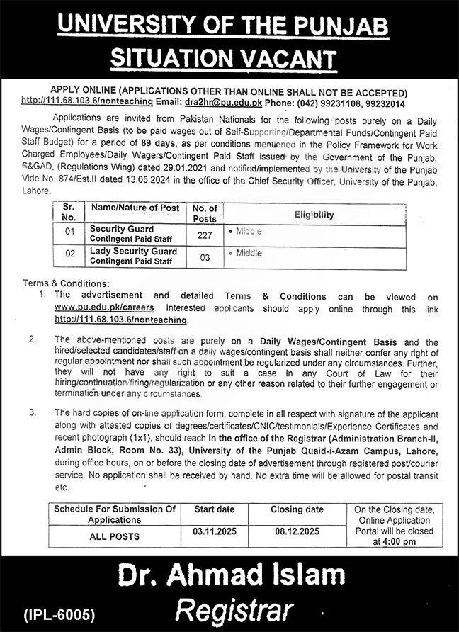University of the Punjab Jobs 2025 – Daily Wages/Contingent Paid Staff Apply Online