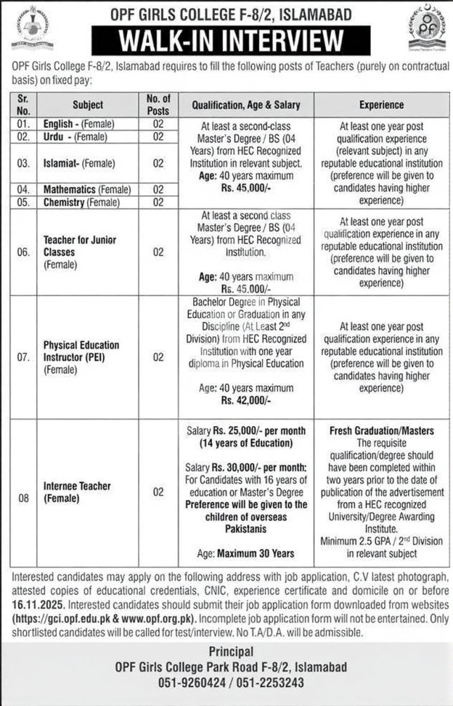OPF Girls College F-8/2 Islamabad Walk-in Interview for Female Teachers 2025