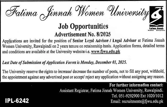 Fatima Jinnah Women University Senior Legal Advisor Jobs 2025