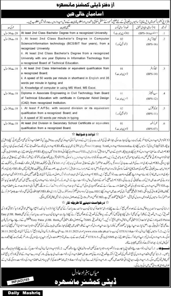 Deputy Commissioner Office Mansehra jobs 2025 – Online application for IT and technical staff