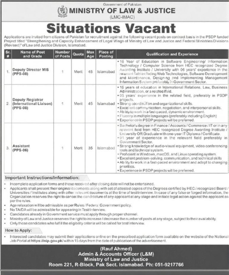 Ministry of Law & Justice Islamabad Careers 2025, Deputy Director MIS, Deputy Registrar, Assistant Jobs