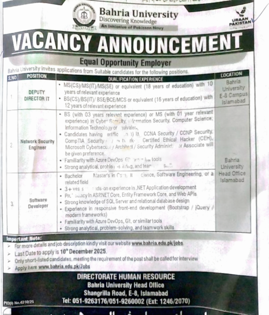 Bahria University Campus Islamabad – Jobs 2025