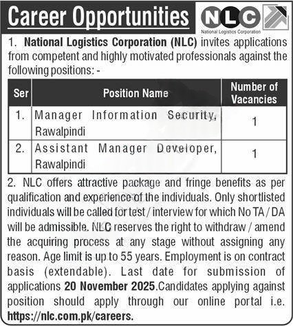 National Logistics Corporation NLC Jobs 2025 – Manager & Assistant Manager Vacancies in Rawalpindi