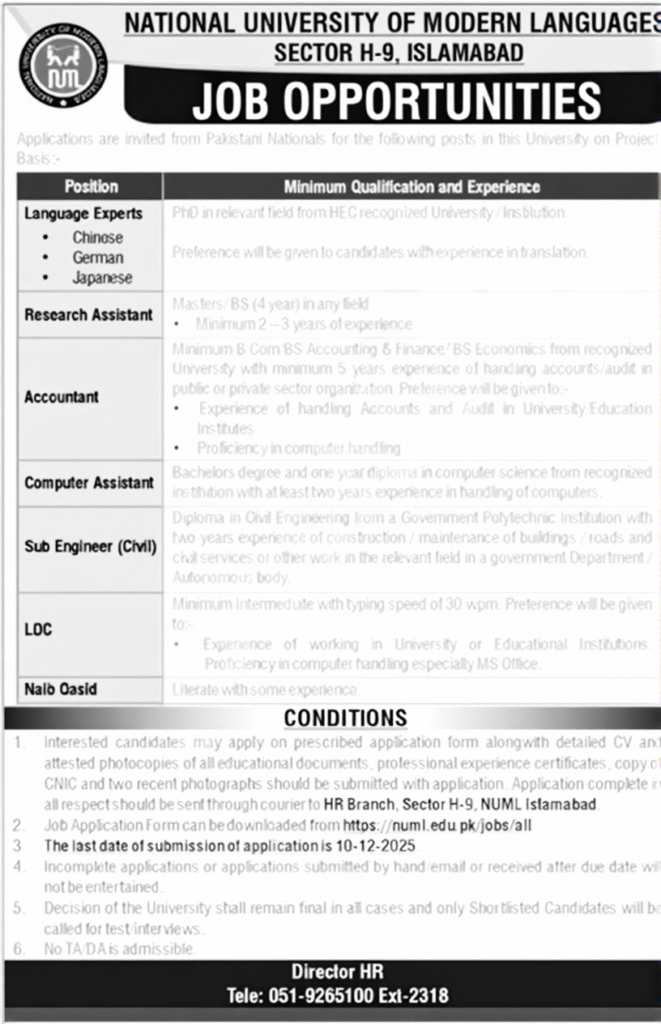 NUML Islamabad Jobs 2025 – Project-Based Vacancies