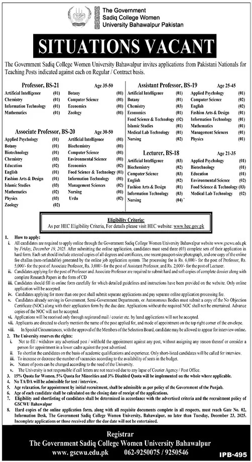 GSCWU Bahawalpur Campus – Teaching Jobs 2025