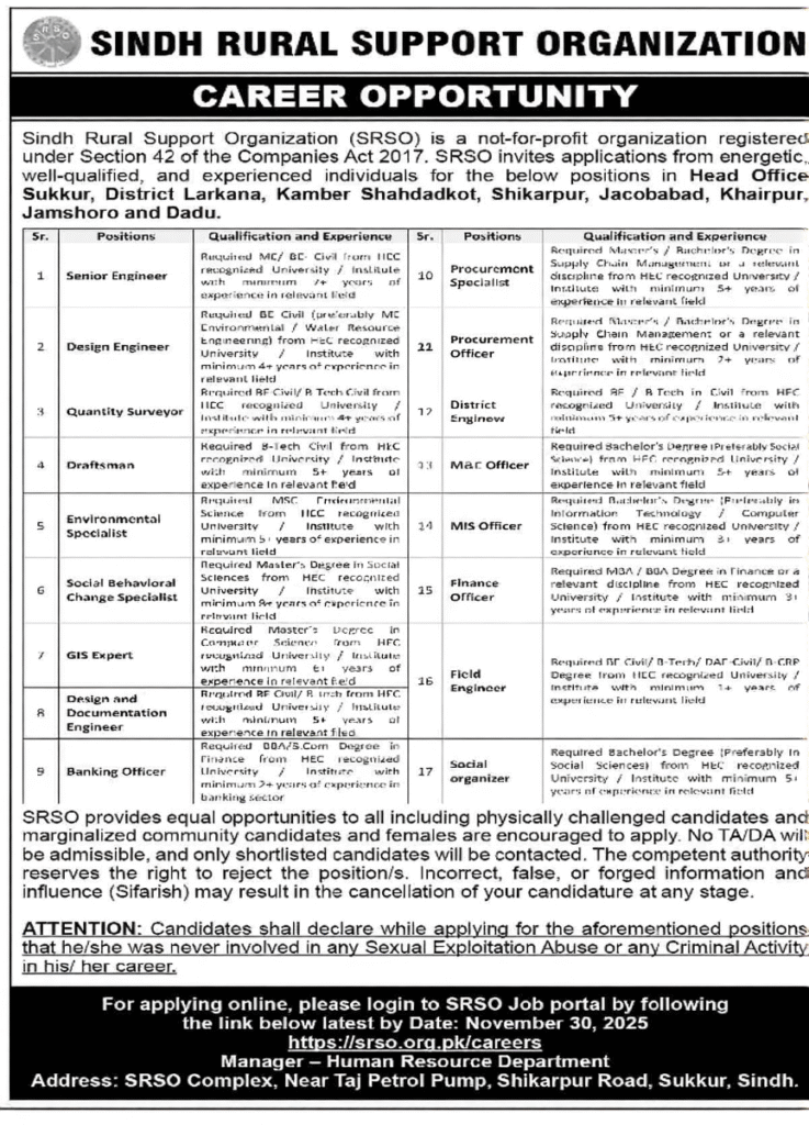 SRSO Jobs 2025 Apply Online" or "Sindh Rural Support Organization Careers