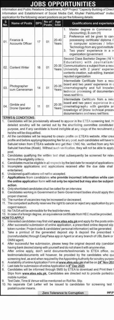 Information & Public Relations Department KPK Jobs advertisement