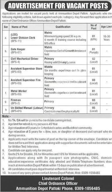 Ammunition Depot Pattoki JOB ADVERTISEMENT