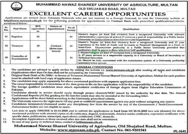 Muhammad Nawaz Shareef University of Agriculture Multan Jobs 2025 advertisement