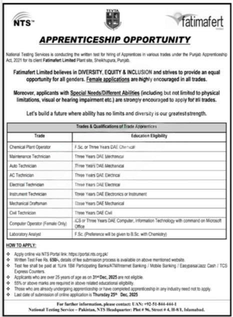 Fatima Fertilizer Apprenticeship 2025 Apply Online via NTS