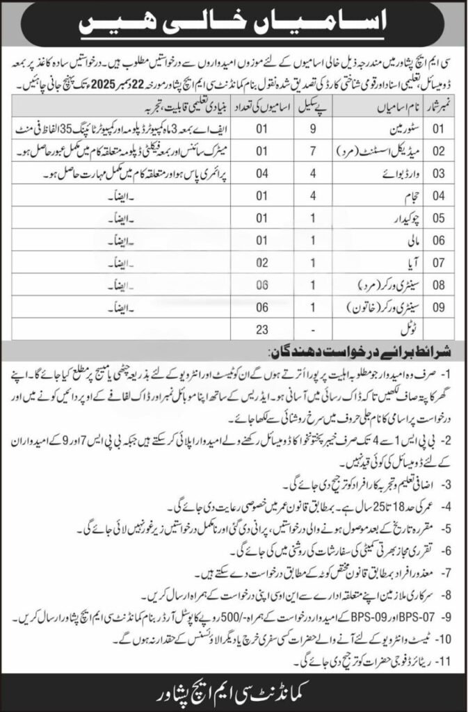CMH Peshawar Jobs 2025 - Apply for BPS 1 to 9 Government Hospital Vacancies
