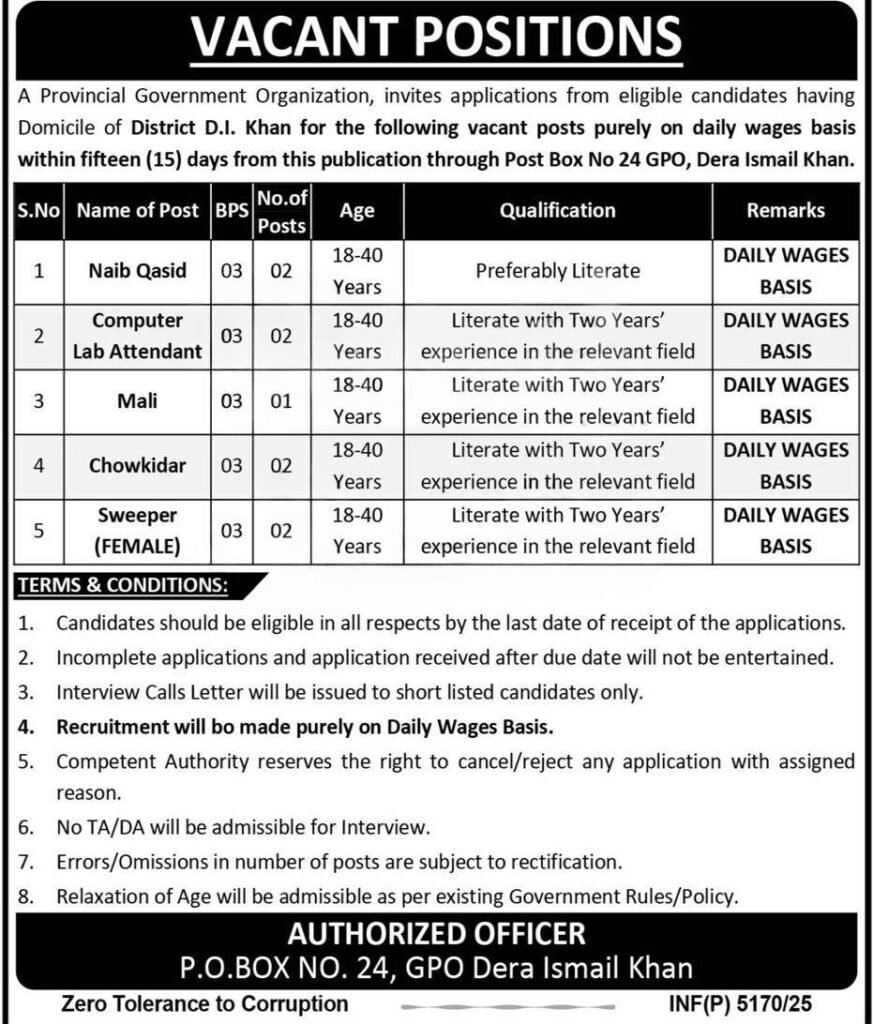 Provincial Government Organization D.I. Khan Jobs 2025 – Daily Wages Vacancies for Naib Qasid, Chowkidar, Mali, Female Sweeper & Computer Lab Attendant