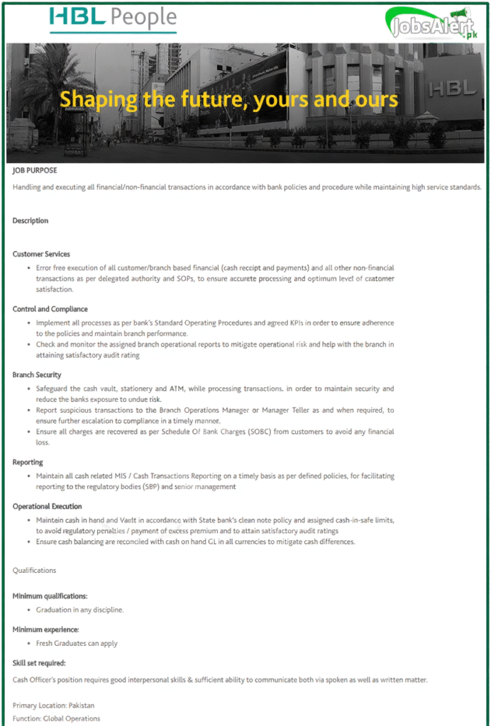 HBL Head Office Karachi – HBL Jobs 2025 Cash Officer Careers Pakistan”