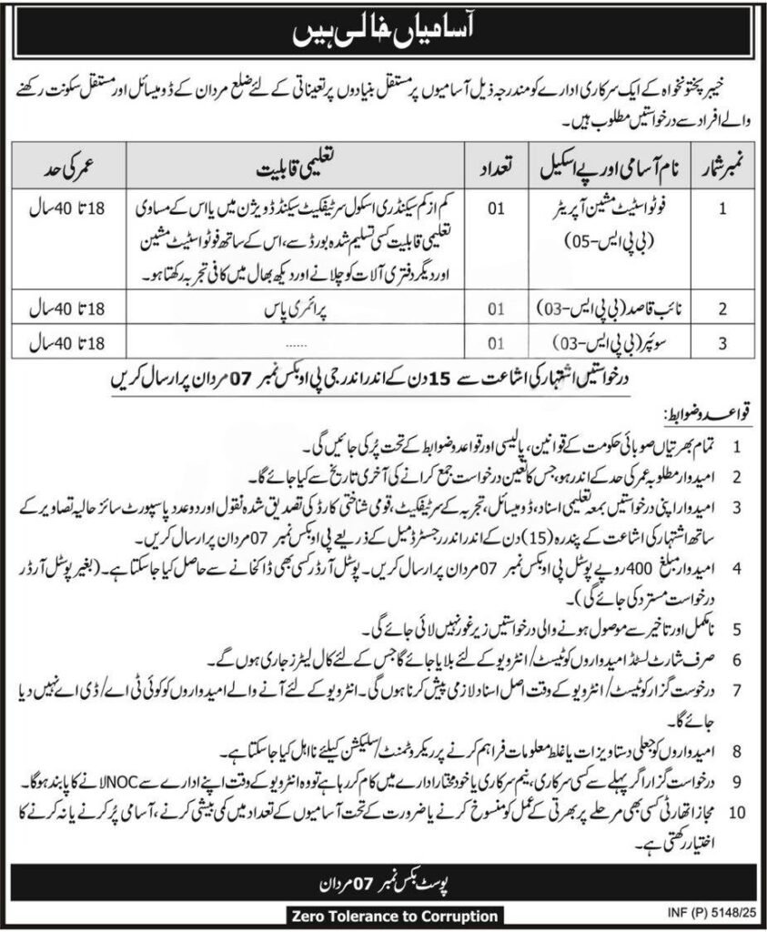 Mardan Government Jobs 2025 – Vacancies for Photostat Operator, Naib Qasid & Sweeper